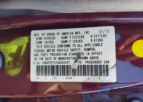 2012 Honda Accord 2.4 Lx from USA, damaged, VIN 1HGCP2F37CA080421